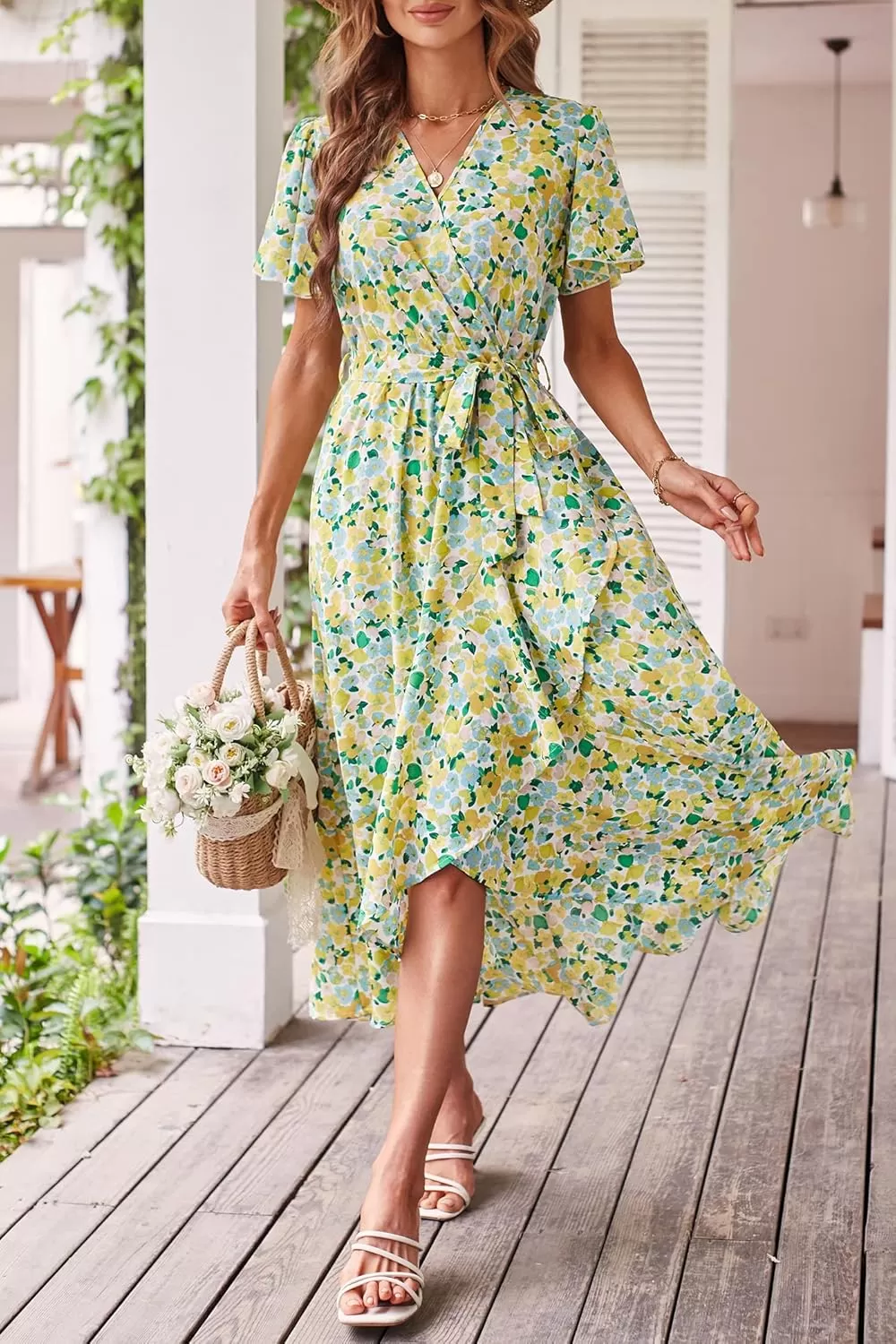 imagePRETTYGARDEN Womens 2024 Floral Boho Dress Wrap V Neck Short Sleeve Belted Ruffle Hem ALine Flowy Maxi DressesPrint White Yellow