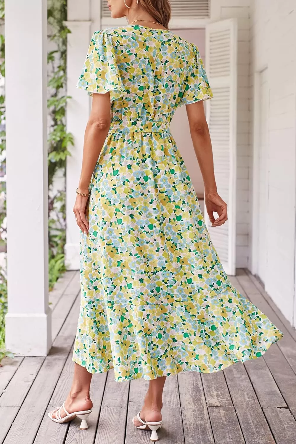 imagePRETTYGARDEN Womens 2024 Floral Boho Dress Wrap V Neck Short Sleeve Belted Ruffle Hem ALine Flowy Maxi DressesPrint White Yellow