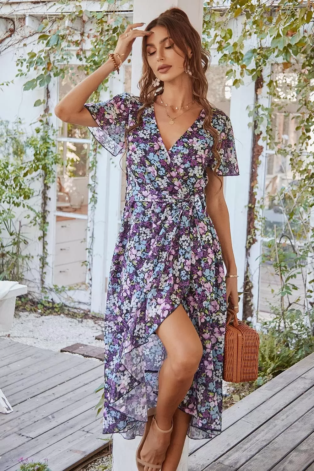 imagePRETTYGARDEN Womens 2024 Floral Boho Dress Wrap V Neck Short Sleeve Belted Ruffle Hem ALine Flowy Maxi DressesPurple Floral