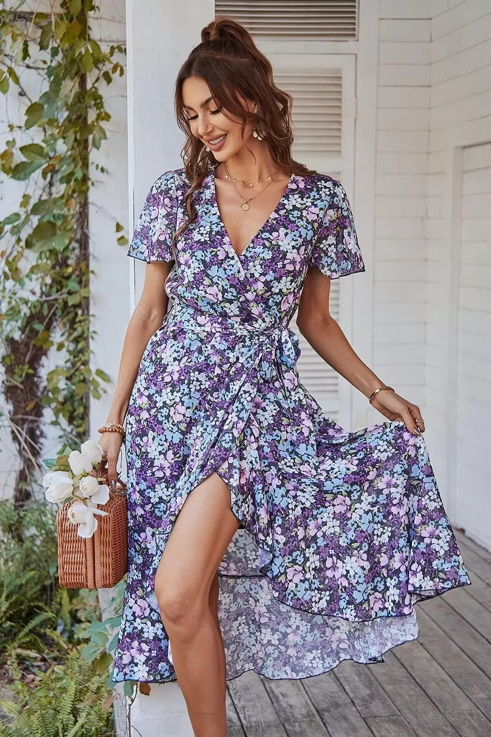 imagePRETTYGARDEN Womens 2024 Floral Boho Dress Wrap V Neck Short Sleeve Belted Ruffle Hem ALine Flowy Maxi DressesPurple Floral