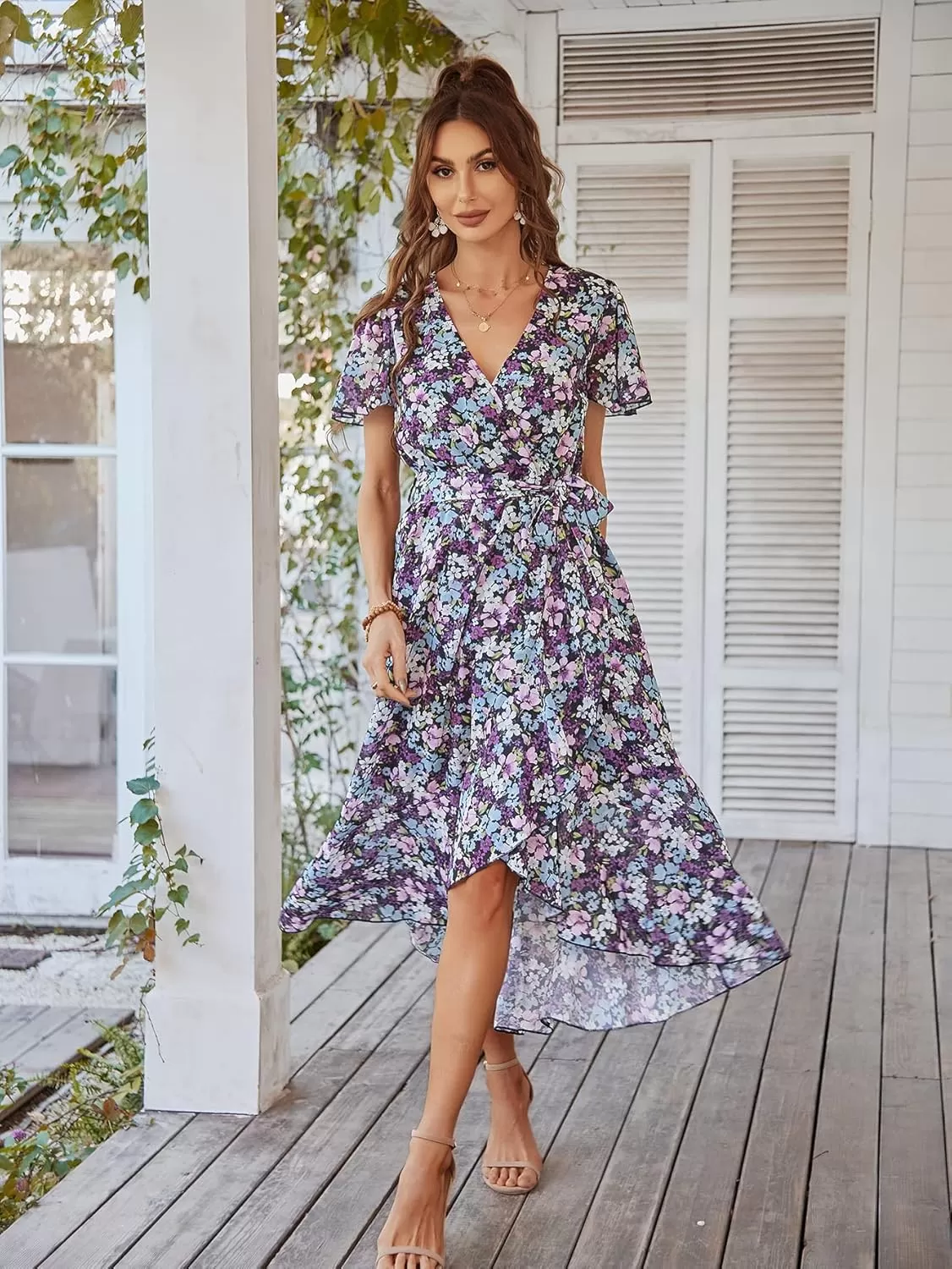 imagePRETTYGARDEN Womens 2024 Floral Boho Dress Wrap V Neck Short Sleeve Belted Ruffle Hem ALine Flowy Maxi DressesPurple Floral