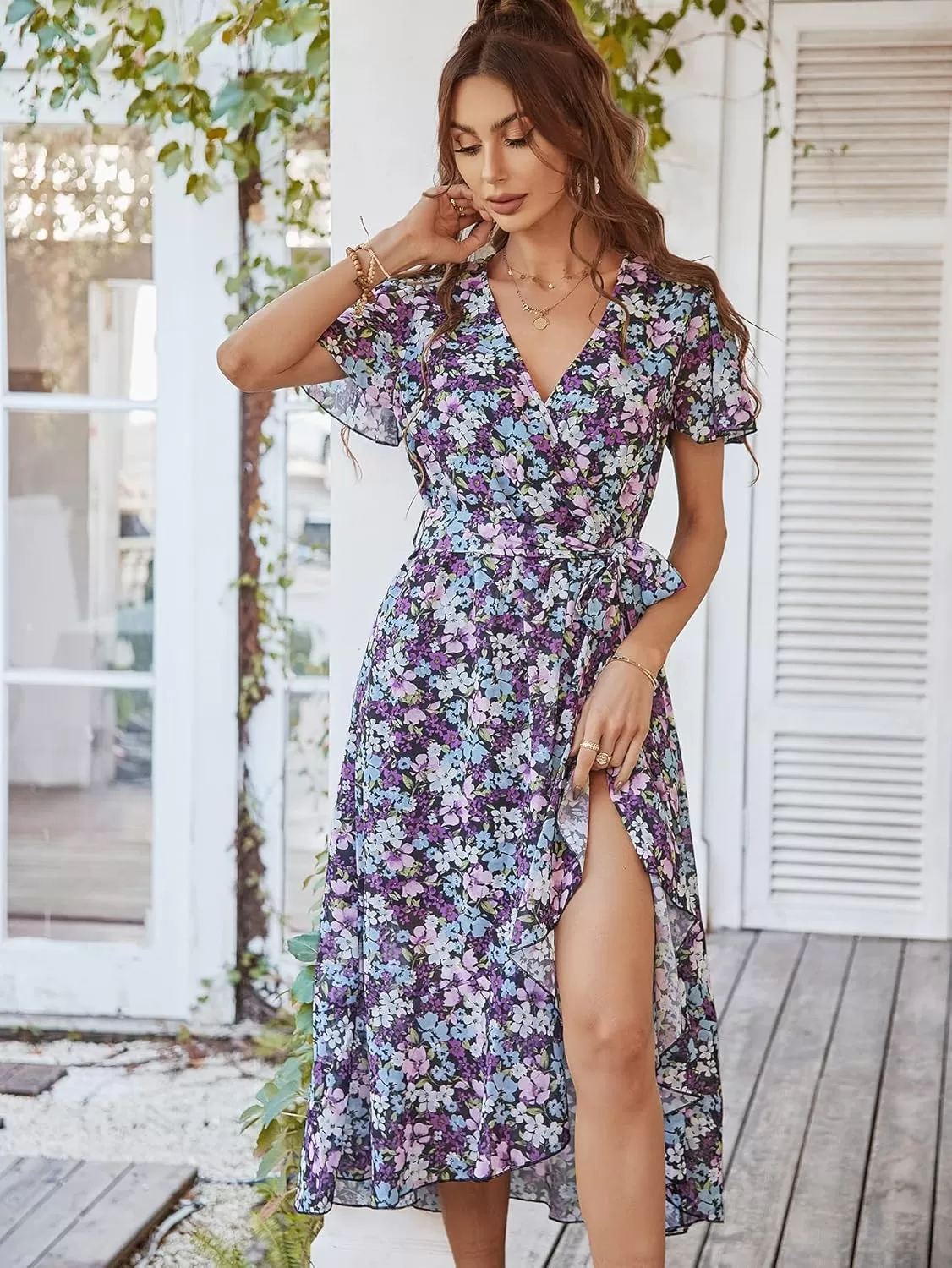 imagePRETTYGARDEN Womens 2024 Floral Boho Dress Wrap V Neck Short Sleeve Belted Ruffle Hem ALine Flowy Maxi DressesPurple Floral