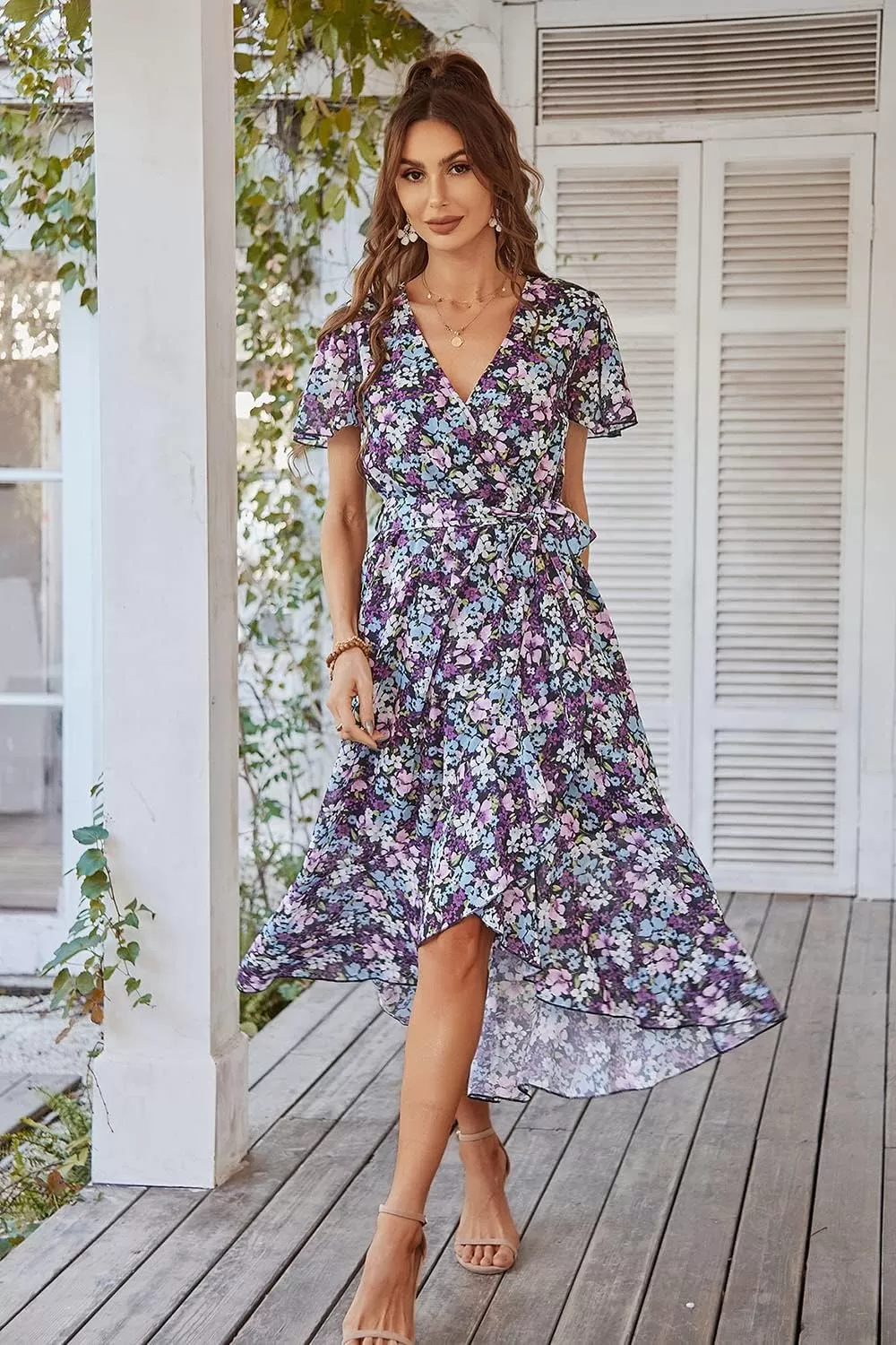 imagePRETTYGARDEN Womens 2024 Floral Boho Dress Wrap V Neck Short Sleeve Belted Ruffle Hem ALine Flowy Maxi DressesPurple Floral