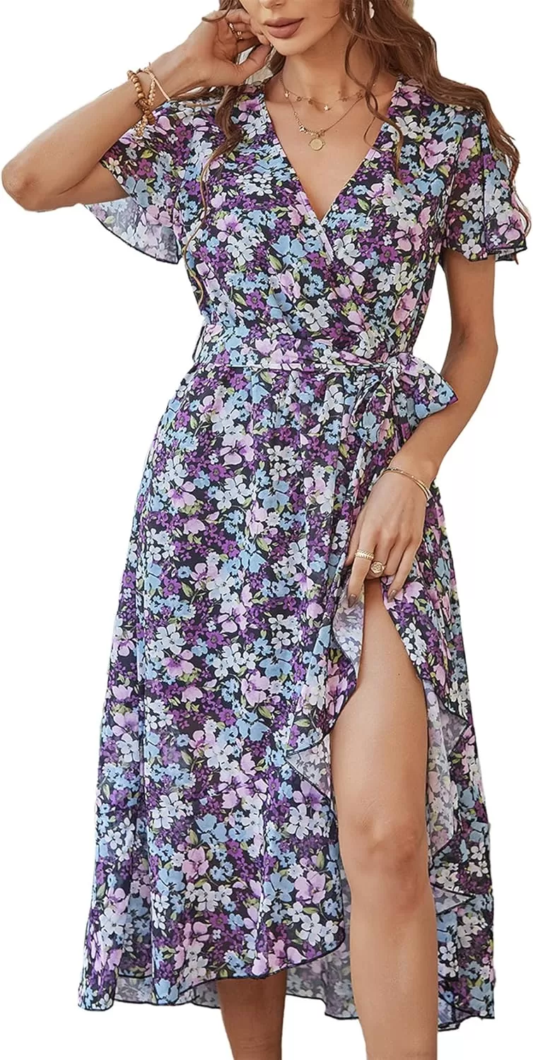 imagePRETTYGARDEN Womens 2024 Floral Boho Dress Wrap V Neck Short Sleeve Belted Ruffle Hem ALine Flowy Maxi DressesPurple Floral