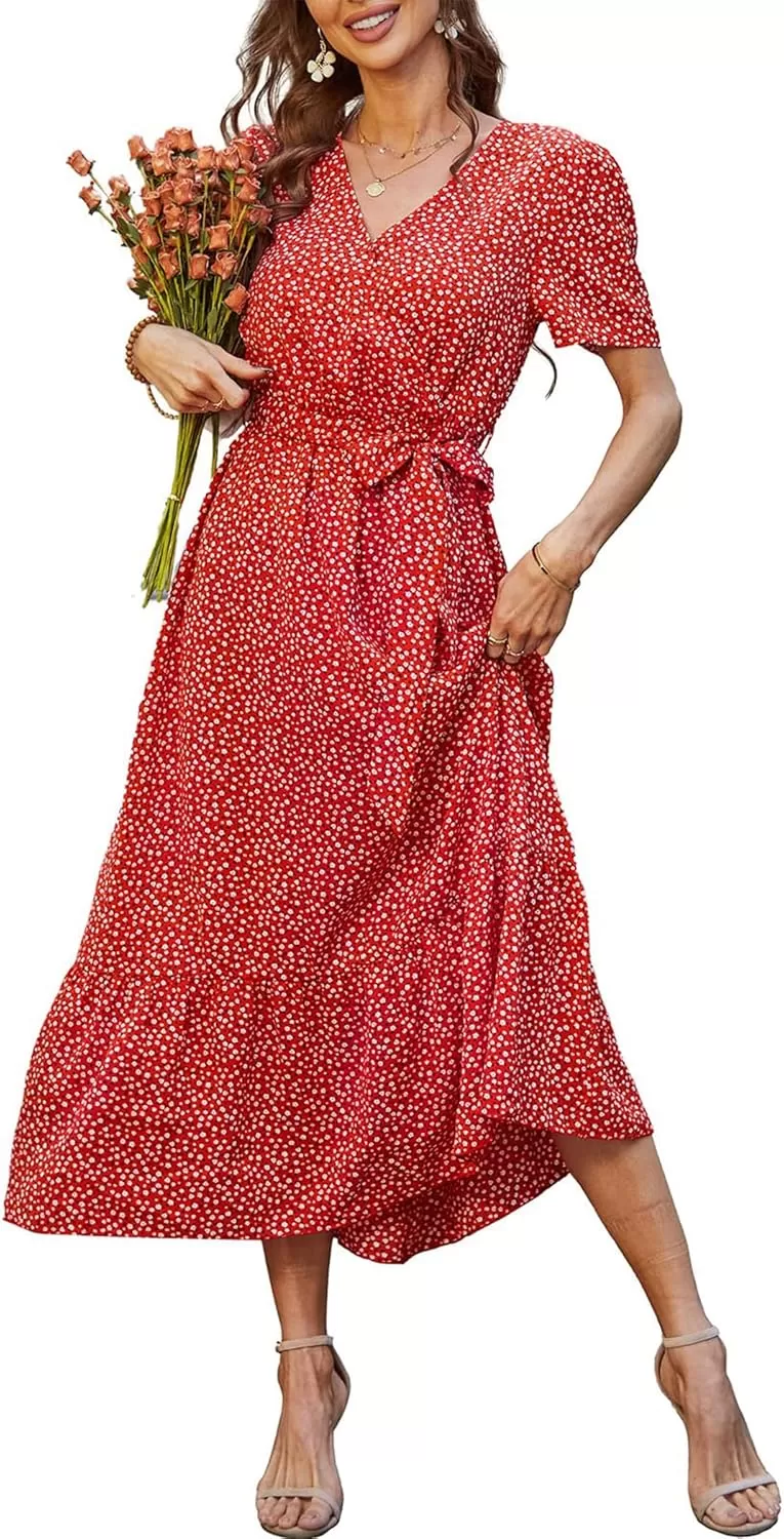 imagePRETTYGARDEN Womens 2024 Floral Boho Dress Wrap V Neck Short Sleeve Belted Ruffle Hem ALine Flowy Maxi DressesRed Floral