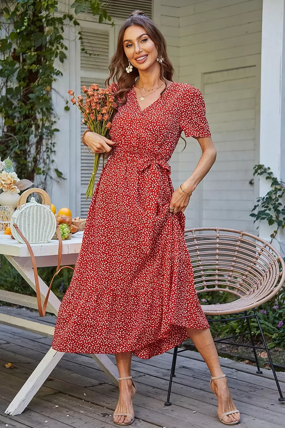 imagePRETTYGARDEN Womens 2024 Floral Boho Dress Wrap V Neck Short Sleeve Belted Ruffle Hem ALine Flowy Maxi DressesRed Floral