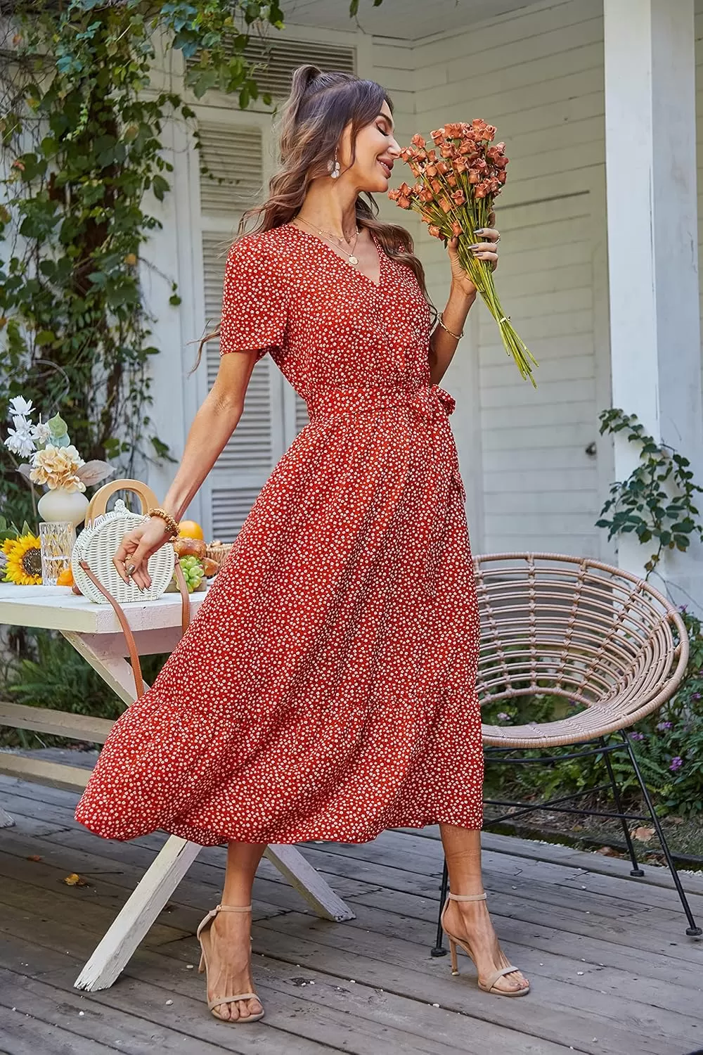 imagePRETTYGARDEN Womens 2024 Floral Boho Dress Wrap V Neck Short Sleeve Belted Ruffle Hem ALine Flowy Maxi DressesRed Floral