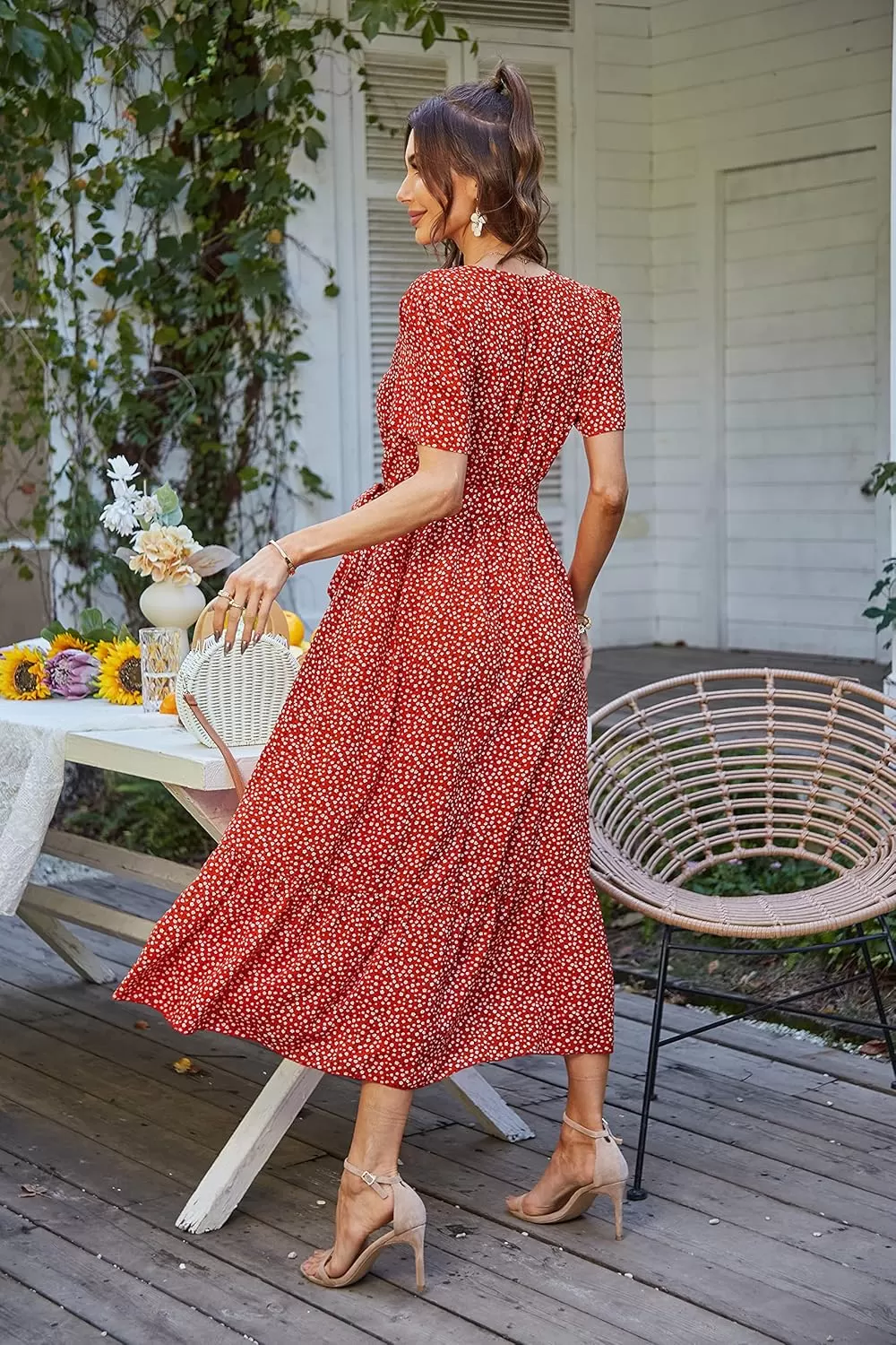 imagePRETTYGARDEN Womens 2024 Floral Boho Dress Wrap V Neck Short Sleeve Belted Ruffle Hem ALine Flowy Maxi DressesRed Floral