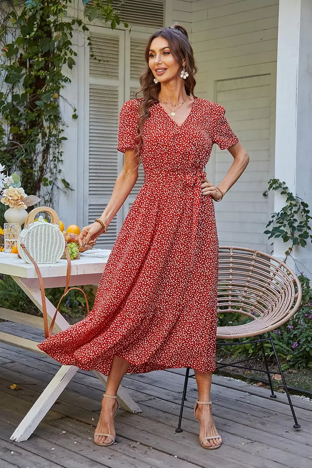 imagePRETTYGARDEN Womens 2024 Floral Boho Dress Wrap V Neck Short Sleeve Belted Ruffle Hem ALine Flowy Maxi DressesRed Floral