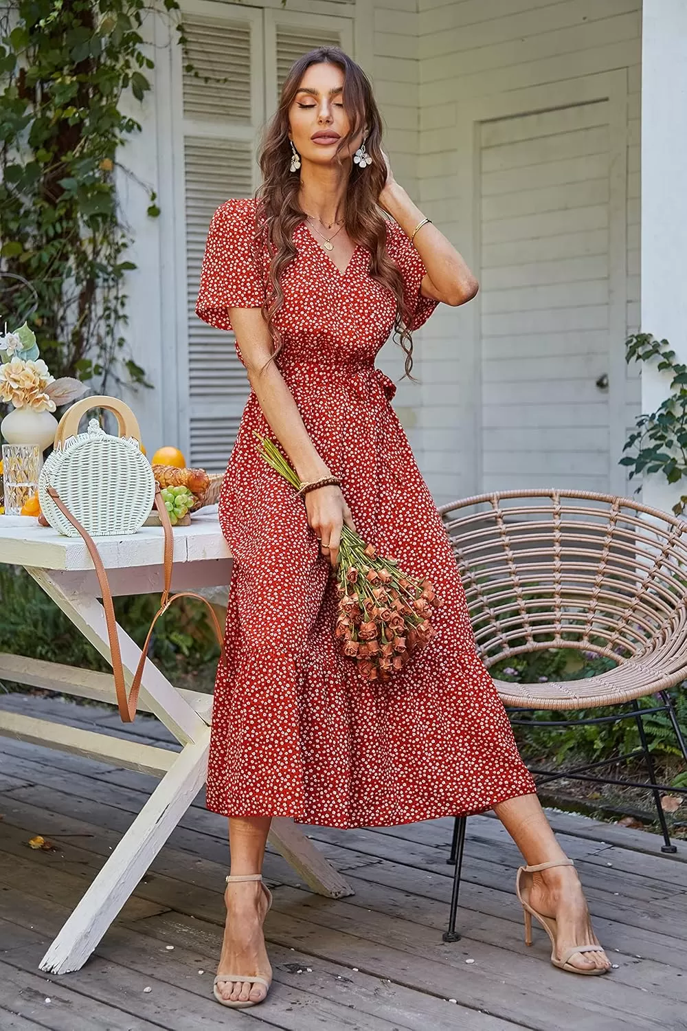 imagePRETTYGARDEN Womens 2024 Floral Boho Dress Wrap V Neck Short Sleeve Belted Ruffle Hem ALine Flowy Maxi DressesRed Floral