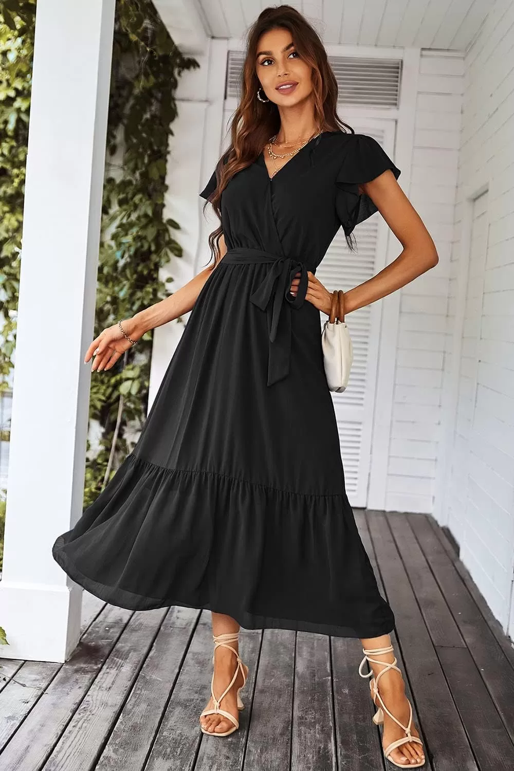 imagePRETTYGARDEN Womens 2024 Floral Boho Dress Wrap V Neck Short Sleeve Belted Ruffle Hem ALine Flowy Maxi DressesSolid Black