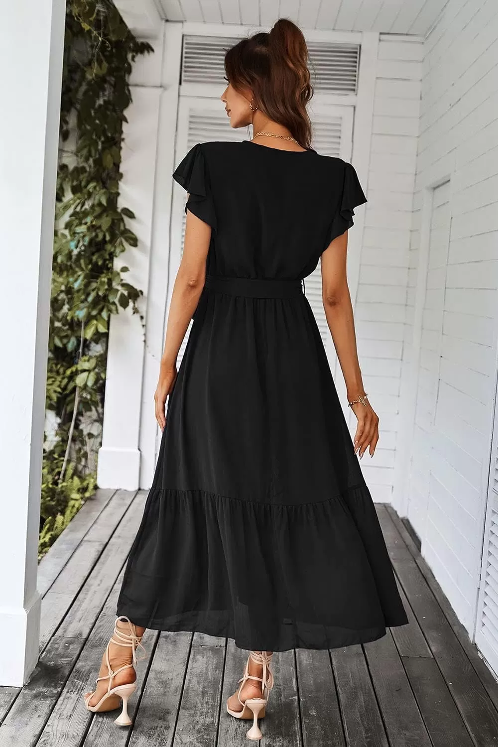 imagePRETTYGARDEN Womens 2024 Floral Boho Dress Wrap V Neck Short Sleeve Belted Ruffle Hem ALine Flowy Maxi DressesSolid Black