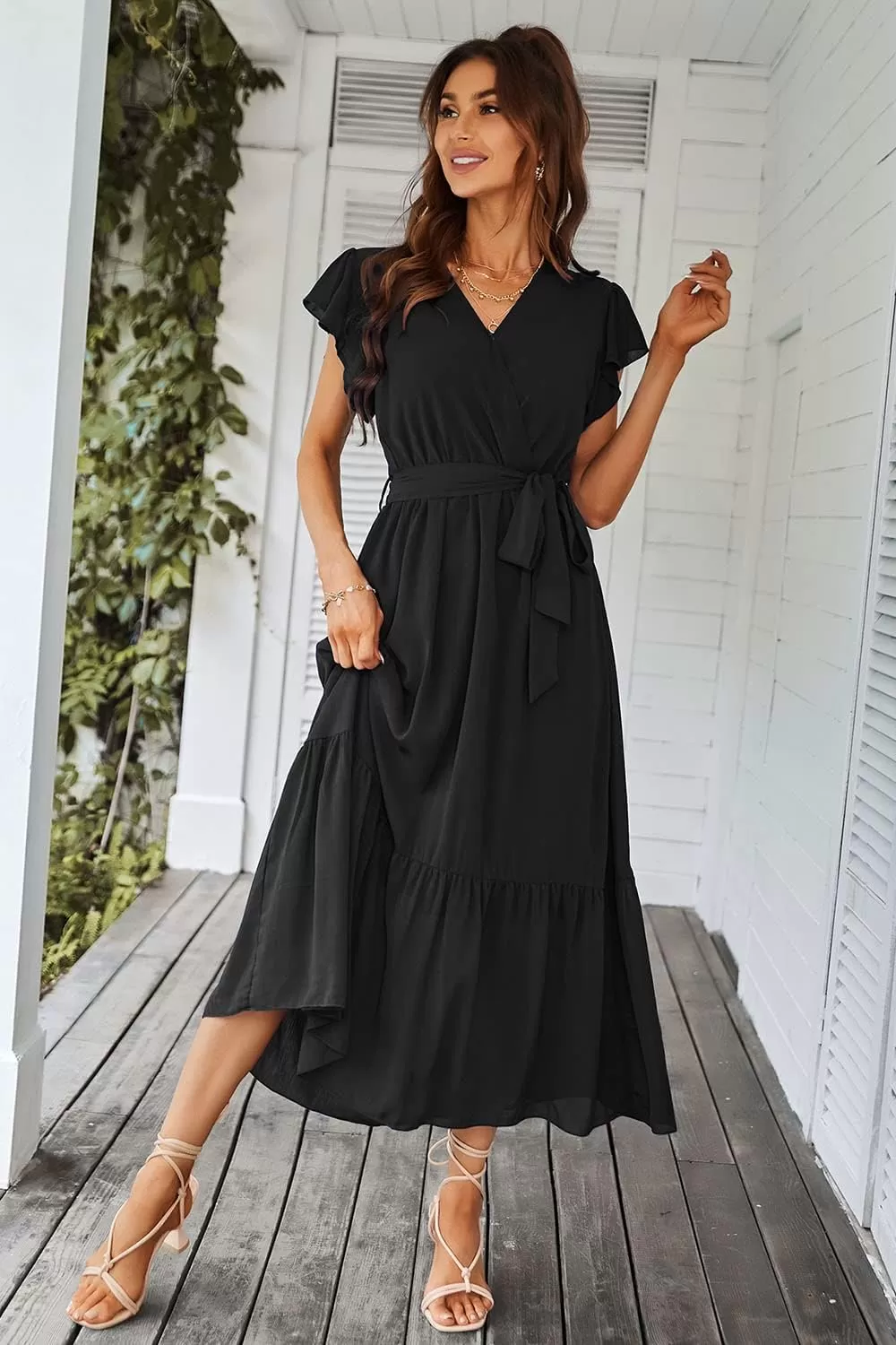 imagePRETTYGARDEN Womens 2024 Floral Boho Dress Wrap V Neck Short Sleeve Belted Ruffle Hem ALine Flowy Maxi DressesSolid Black
