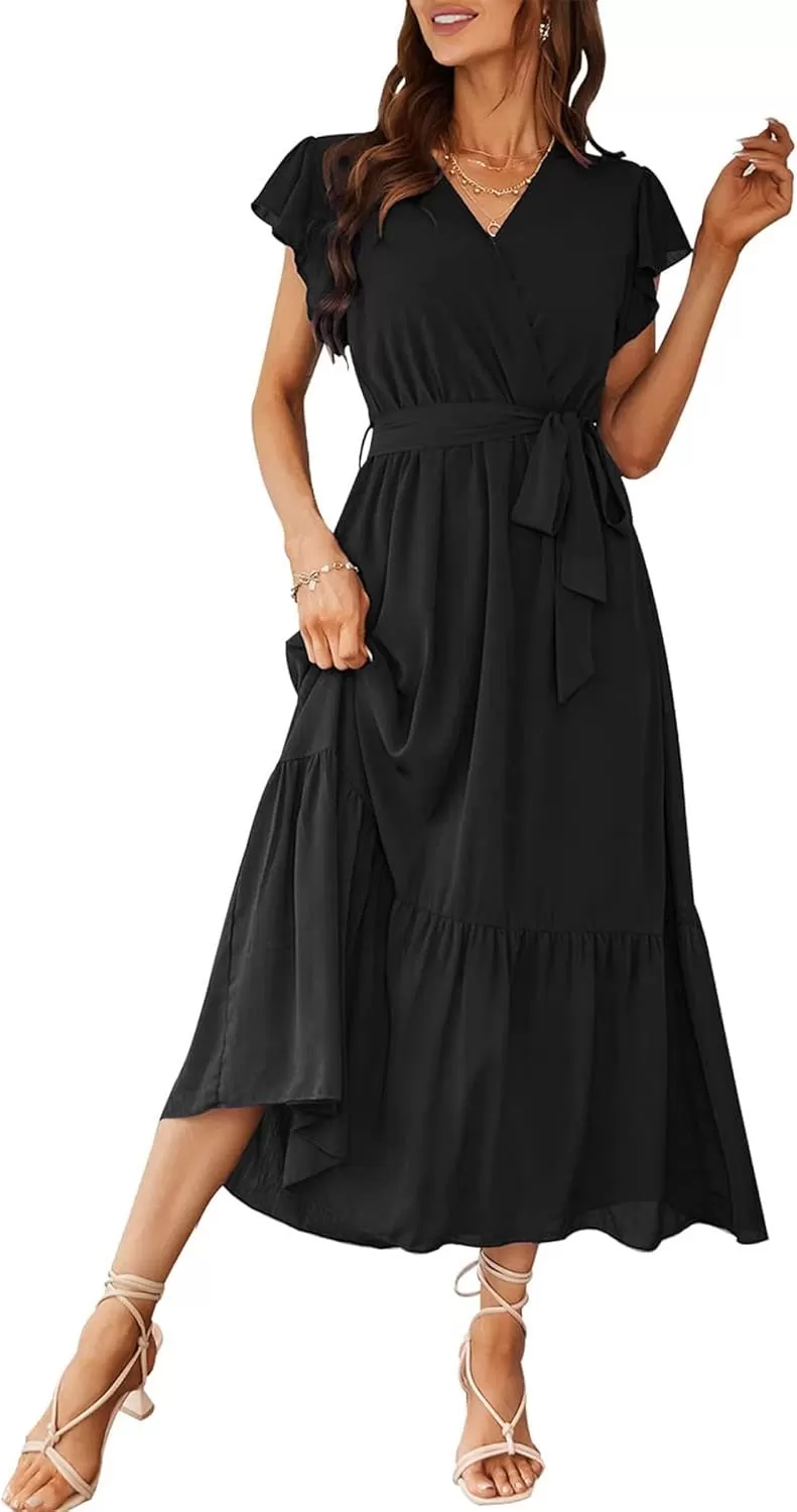 imagePRETTYGARDEN Womens 2024 Floral Boho Dress Wrap V Neck Short Sleeve Belted Ruffle Hem ALine Flowy Maxi DressesSolid Black