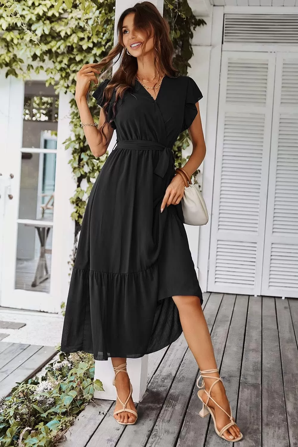 imagePRETTYGARDEN Womens 2024 Floral Boho Dress Wrap V Neck Short Sleeve Belted Ruffle Hem ALine Flowy Maxi DressesSolid Black