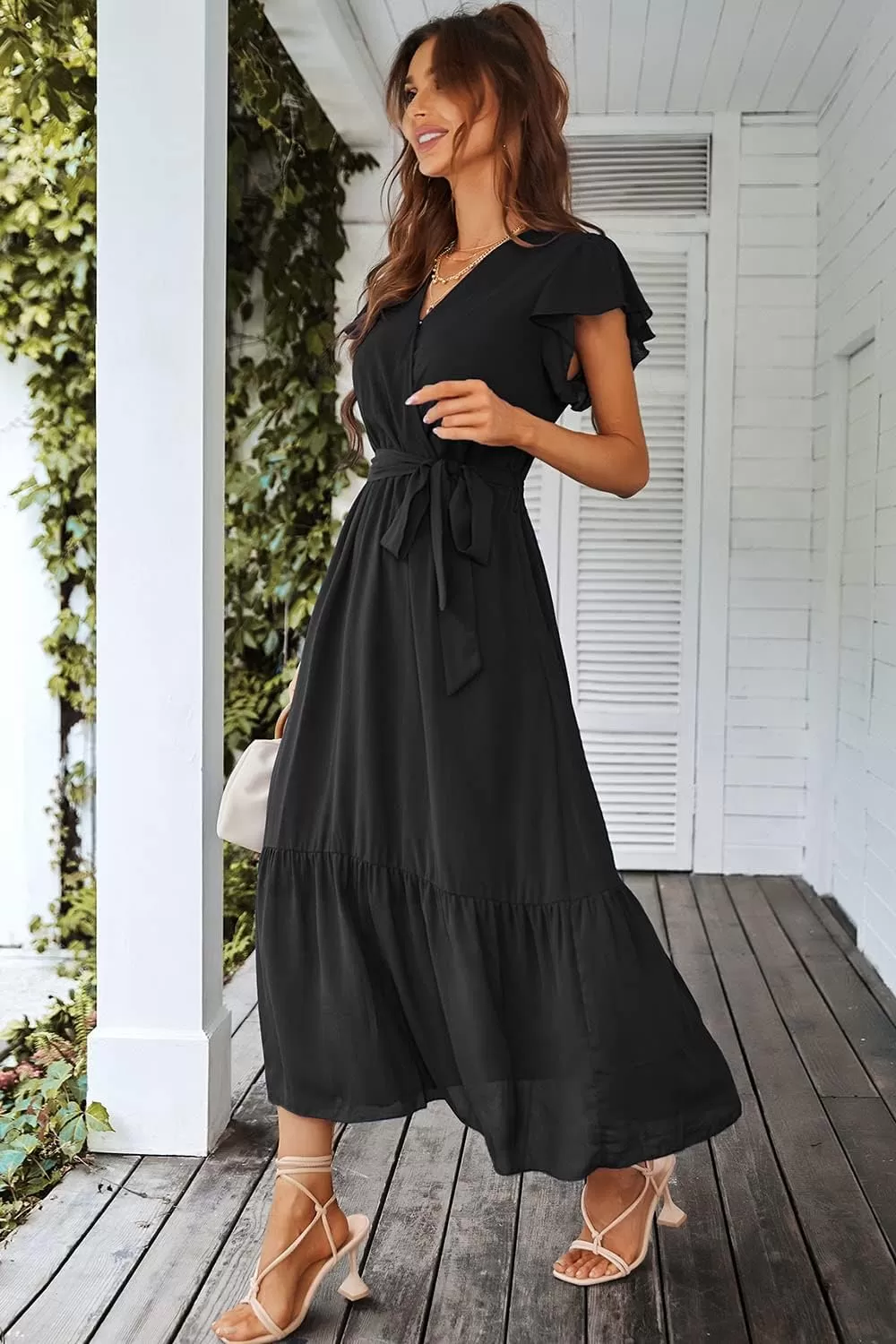 imagePRETTYGARDEN Womens 2024 Floral Boho Dress Wrap V Neck Short Sleeve Belted Ruffle Hem ALine Flowy Maxi DressesSolid Black