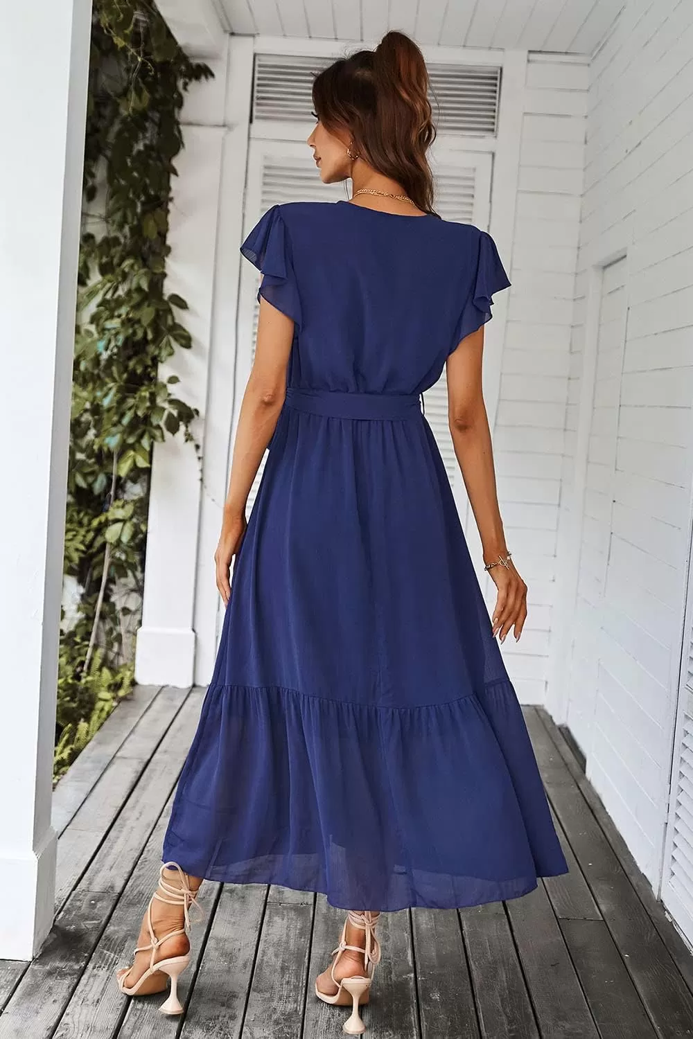 imagePRETTYGARDEN Womens 2024 Floral Boho Dress Wrap V Neck Short Sleeve Belted Ruffle Hem ALine Flowy Maxi DressesSolid Blue