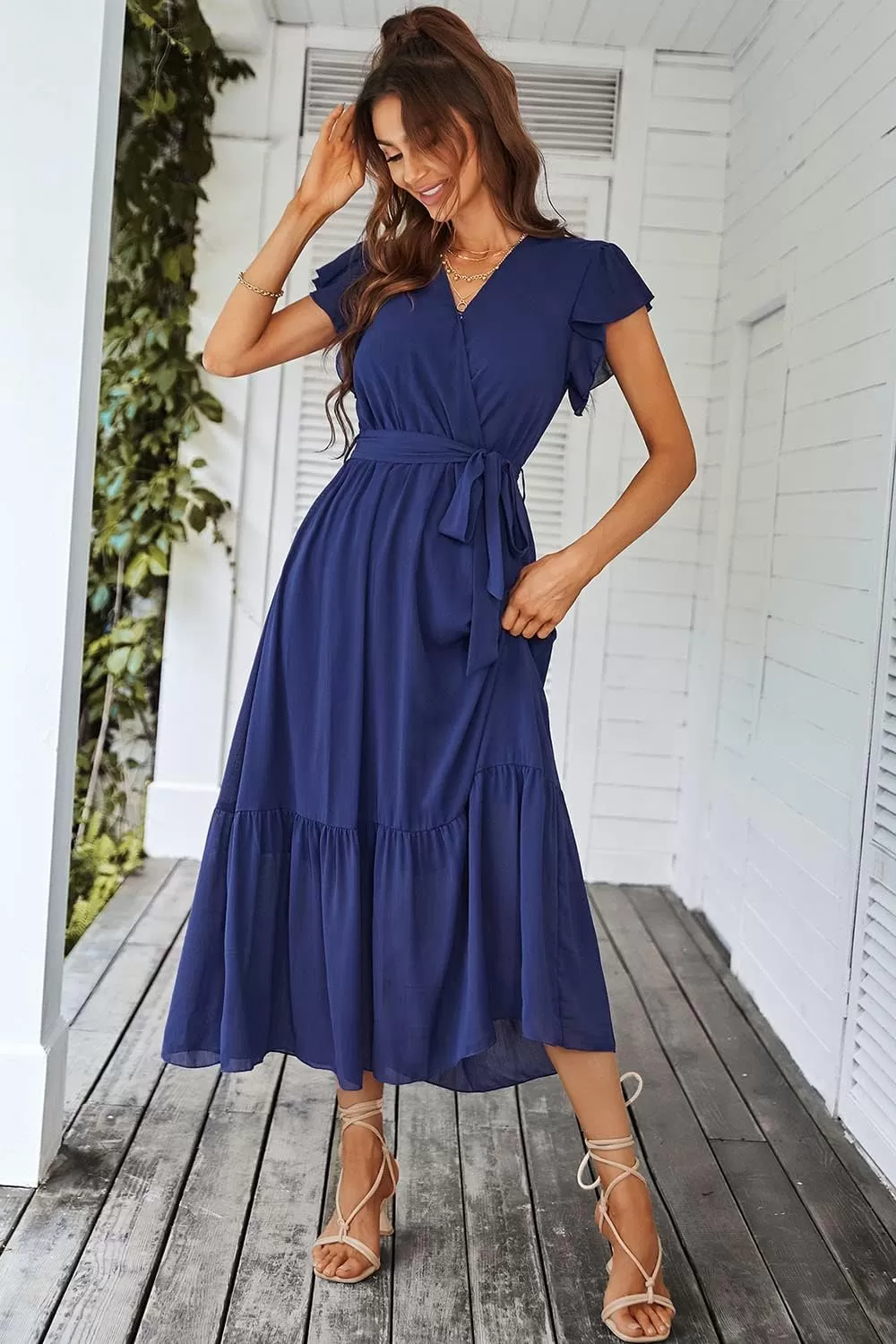 imagePRETTYGARDEN Womens 2024 Floral Boho Dress Wrap V Neck Short Sleeve Belted Ruffle Hem ALine Flowy Maxi DressesSolid Blue