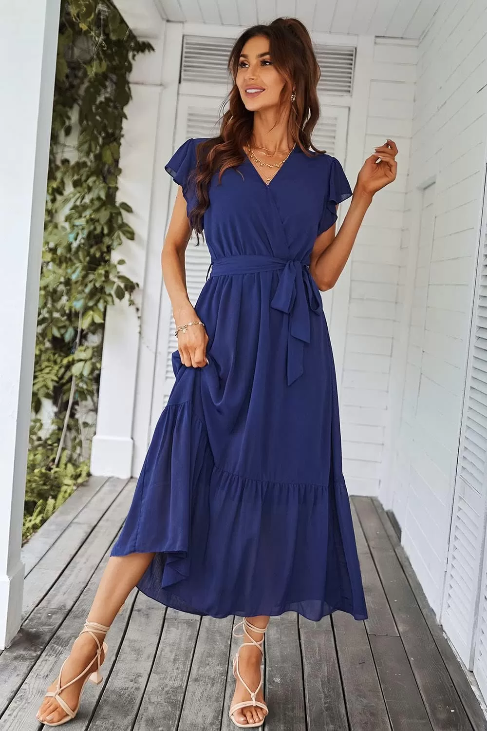 imagePRETTYGARDEN Womens 2024 Floral Boho Dress Wrap V Neck Short Sleeve Belted Ruffle Hem ALine Flowy Maxi DressesSolid Blue