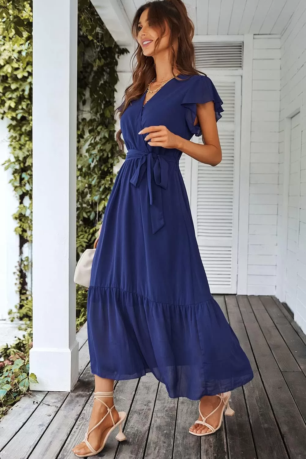 imagePRETTYGARDEN Womens 2024 Floral Boho Dress Wrap V Neck Short Sleeve Belted Ruffle Hem ALine Flowy Maxi DressesSolid Blue