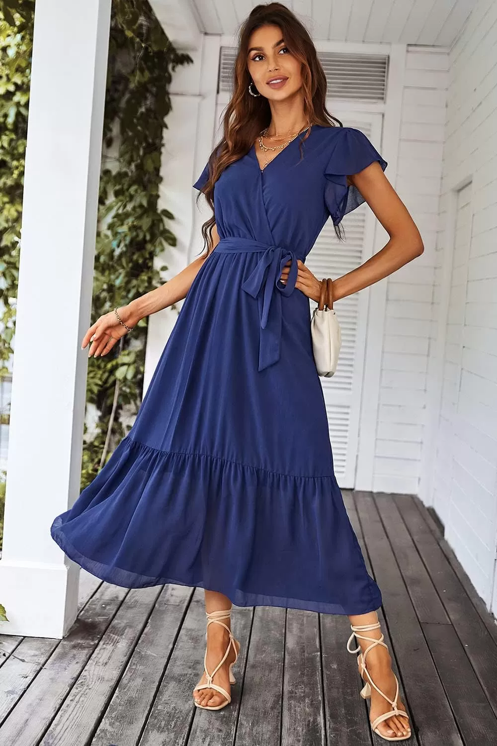 imagePRETTYGARDEN Womens 2024 Floral Boho Dress Wrap V Neck Short Sleeve Belted Ruffle Hem ALine Flowy Maxi DressesSolid Blue