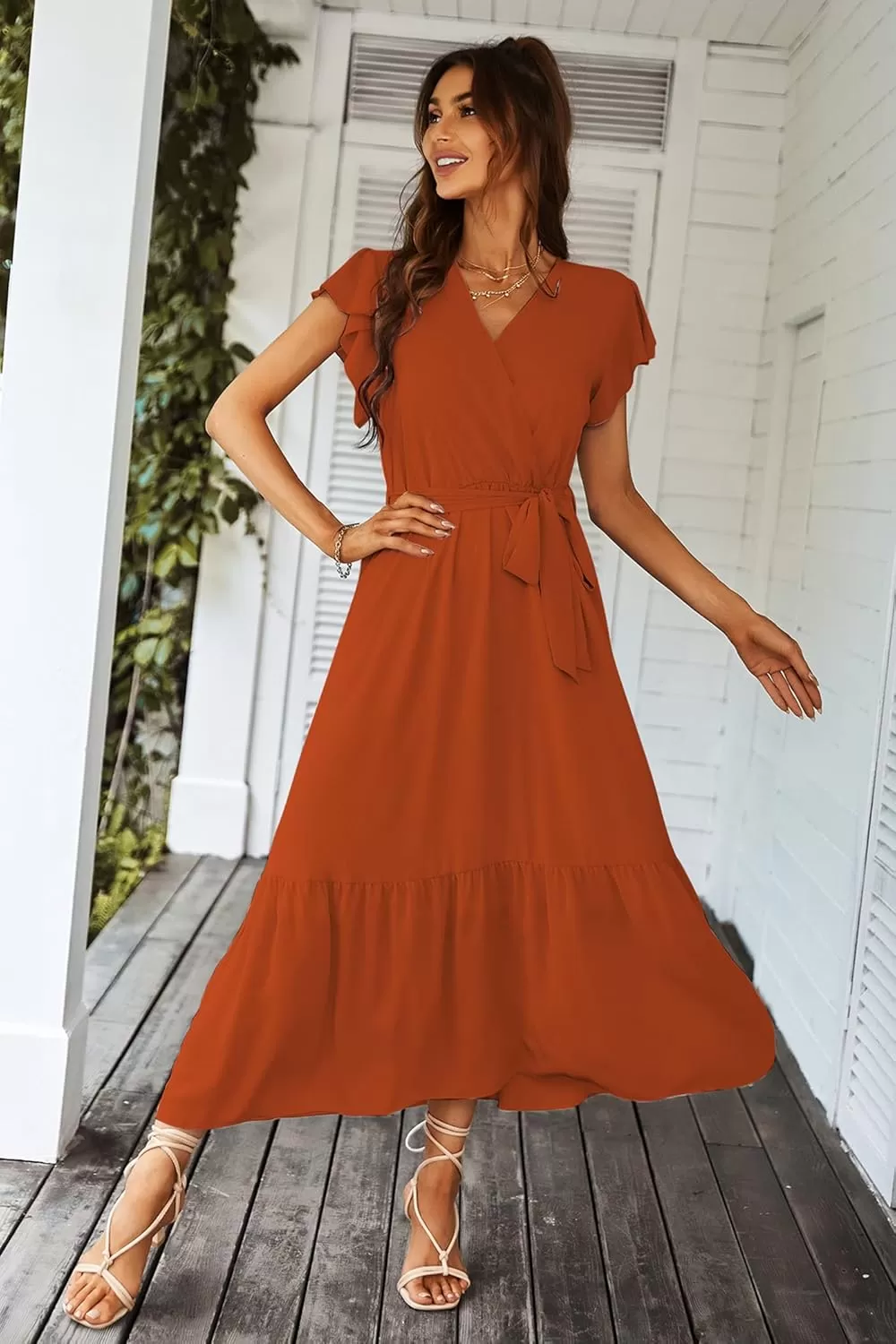 imagePRETTYGARDEN Womens 2024 Floral Boho Dress Wrap V Neck Short Sleeve Belted Ruffle Hem ALine Flowy Maxi DressesSolid Brick Red