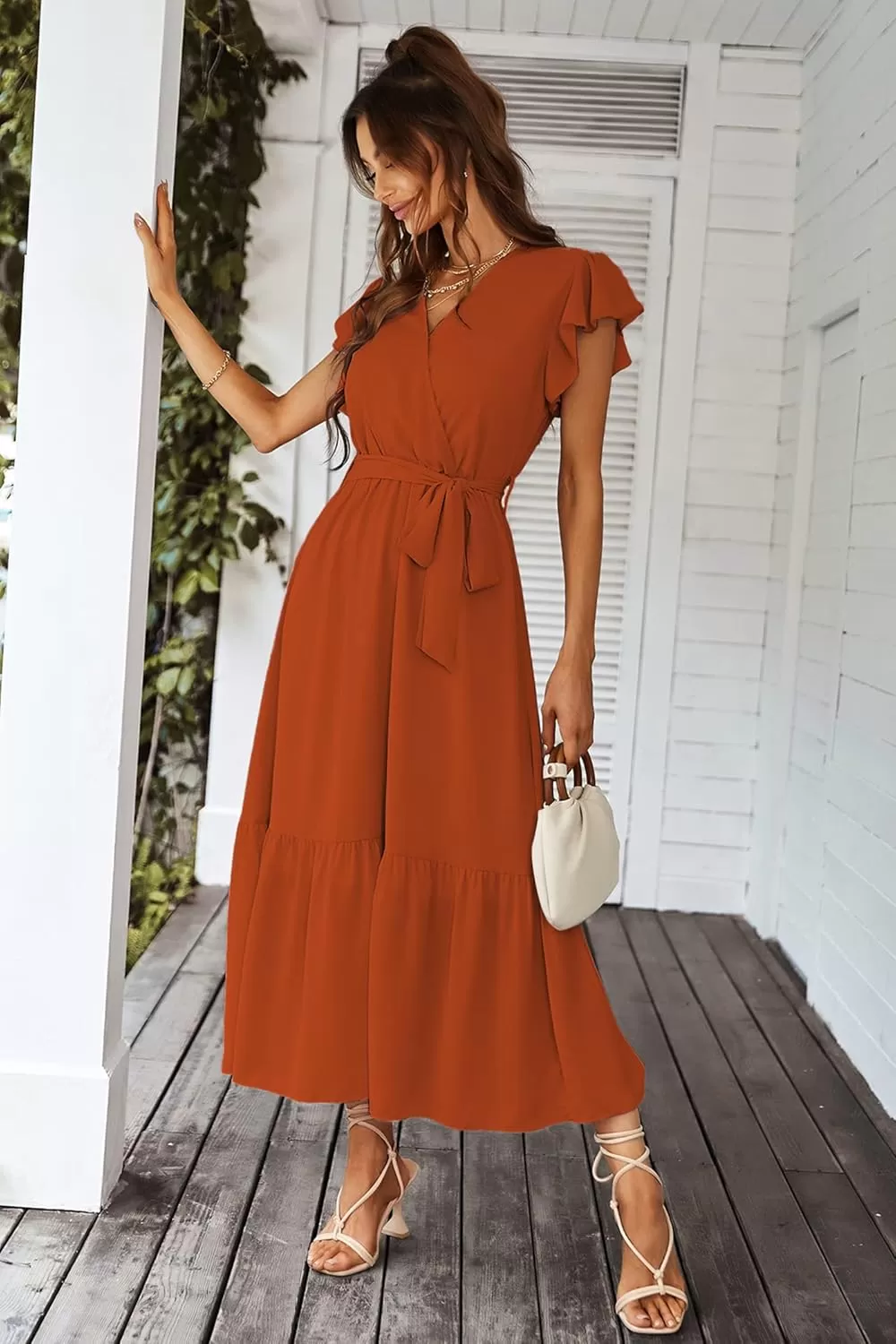 imagePRETTYGARDEN Womens 2024 Floral Boho Dress Wrap V Neck Short Sleeve Belted Ruffle Hem ALine Flowy Maxi DressesSolid Brick Red