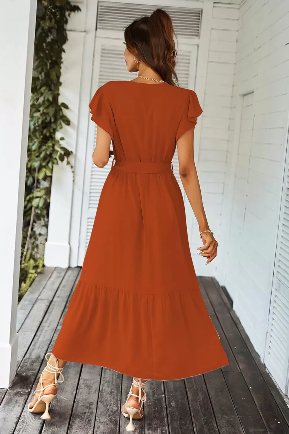 imagePRETTYGARDEN Womens 2024 Floral Boho Dress Wrap V Neck Short Sleeve Belted Ruffle Hem ALine Flowy Maxi DressesSolid Brick Red