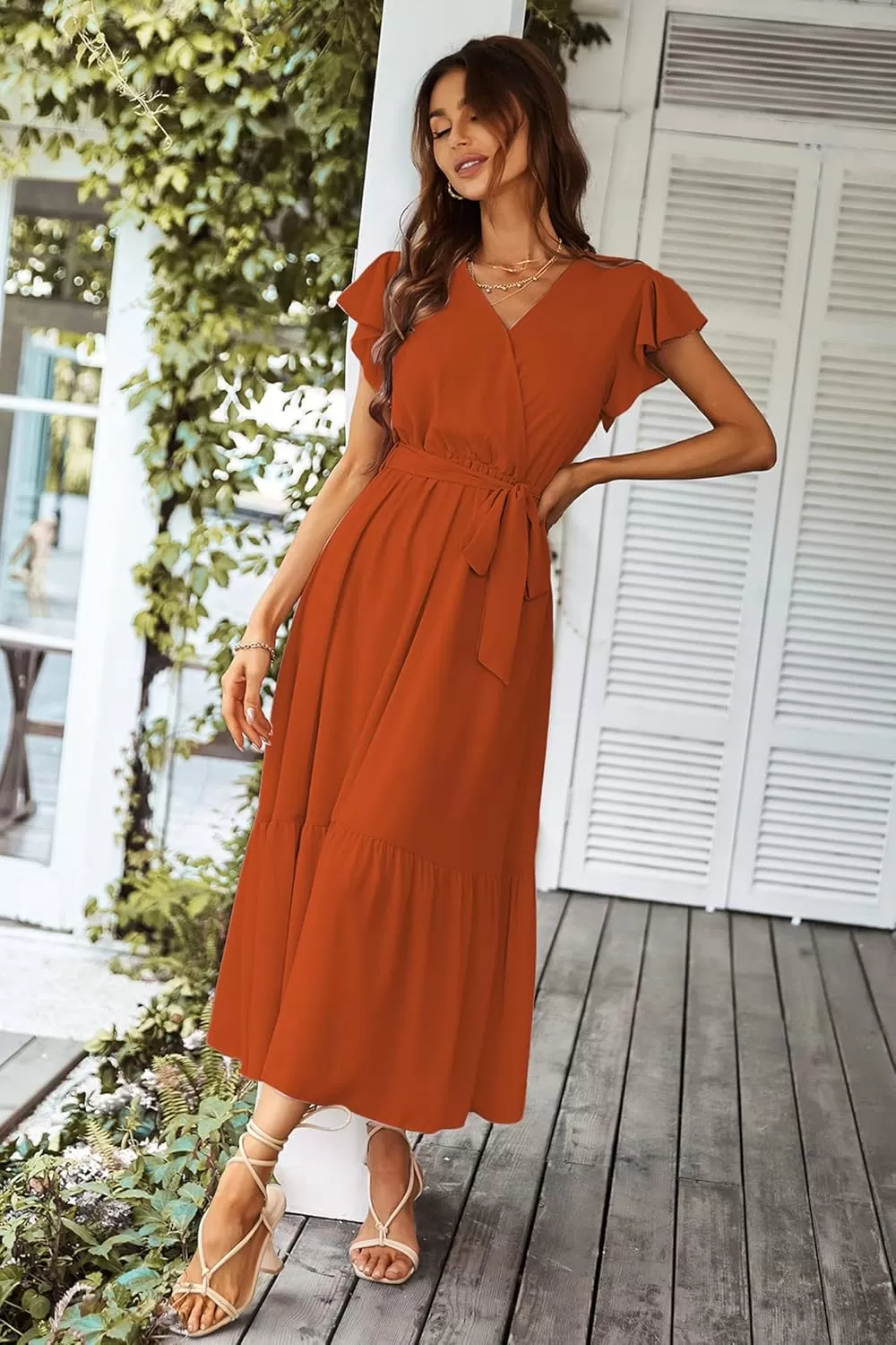 imagePRETTYGARDEN Womens 2024 Floral Boho Dress Wrap V Neck Short Sleeve Belted Ruffle Hem ALine Flowy Maxi DressesSolid Brick Red