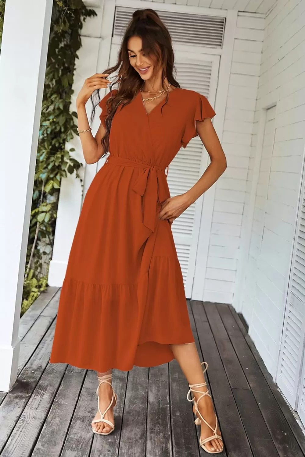 imagePRETTYGARDEN Womens 2024 Floral Boho Dress Wrap V Neck Short Sleeve Belted Ruffle Hem ALine Flowy Maxi DressesSolid Brick Red