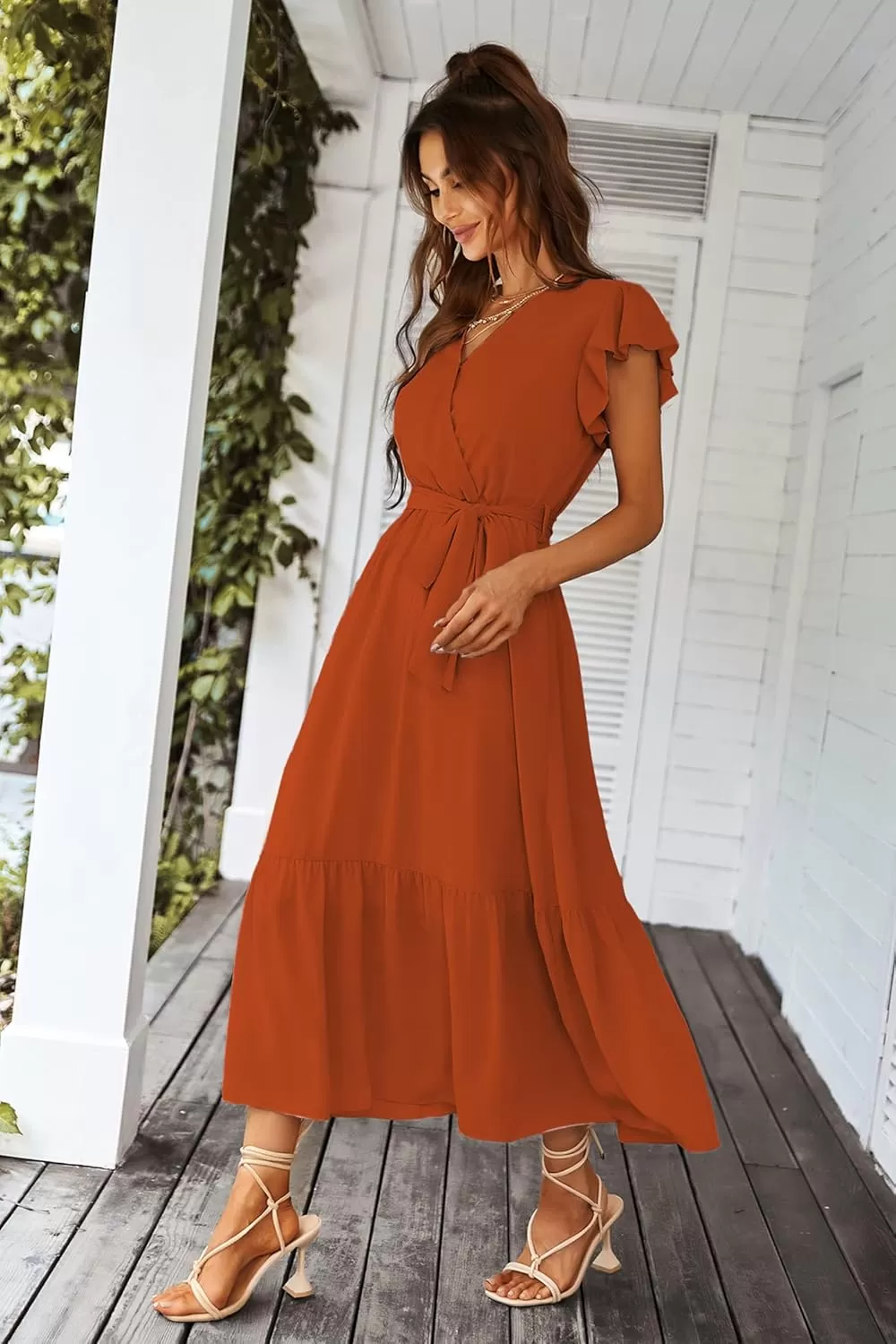 imagePRETTYGARDEN Womens 2024 Floral Boho Dress Wrap V Neck Short Sleeve Belted Ruffle Hem ALine Flowy Maxi DressesSolid Brick Red