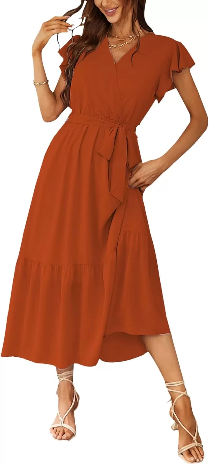 imagePRETTYGARDEN Womens 2024 Floral Boho Dress Wrap V Neck Short Sleeve Belted Ruffle Hem ALine Flowy Maxi DressesSolid Brick Red