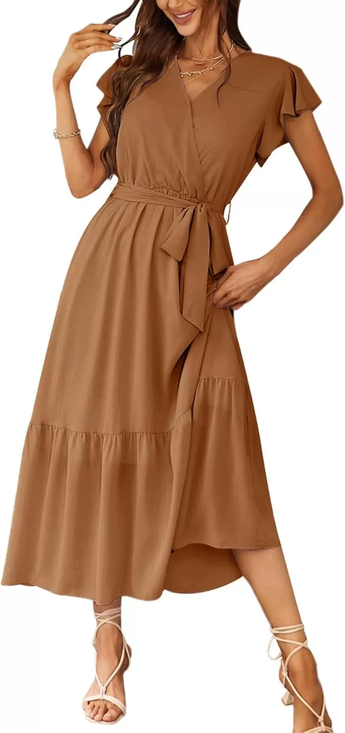 imagePRETTYGARDEN Womens 2024 Floral Boho Dress Wrap V Neck Short Sleeve Belted Ruffle Hem ALine Flowy Maxi DressesSolid Brown