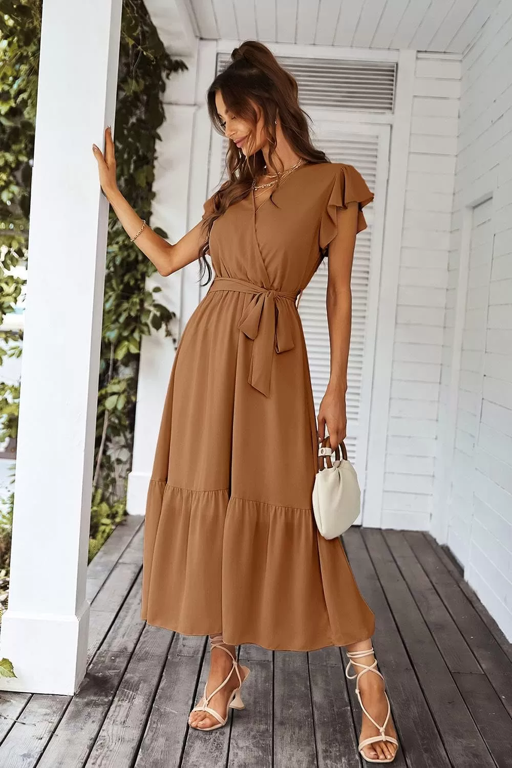 imagePRETTYGARDEN Womens 2024 Floral Boho Dress Wrap V Neck Short Sleeve Belted Ruffle Hem ALine Flowy Maxi DressesSolid Brown