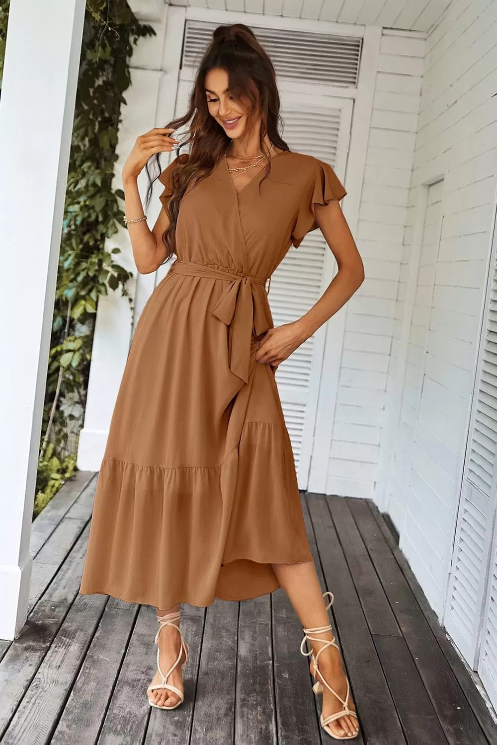 imagePRETTYGARDEN Womens 2024 Floral Boho Dress Wrap V Neck Short Sleeve Belted Ruffle Hem ALine Flowy Maxi DressesSolid Brown
