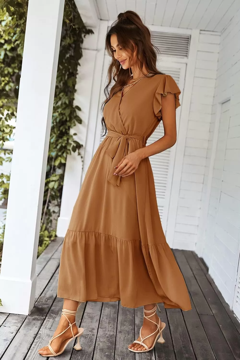imagePRETTYGARDEN Womens 2024 Floral Boho Dress Wrap V Neck Short Sleeve Belted Ruffle Hem ALine Flowy Maxi DressesSolid Brown