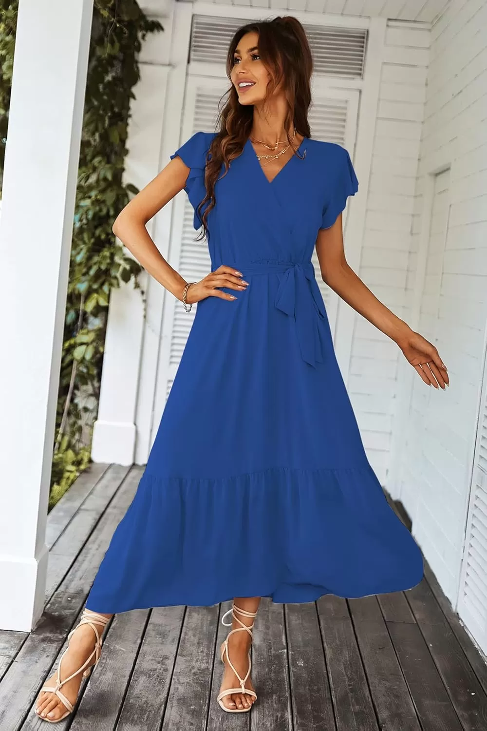 imagePRETTYGARDEN Womens 2024 Floral Boho Dress Wrap V Neck Short Sleeve Belted Ruffle Hem ALine Flowy Maxi DressesSolid Dark Blue