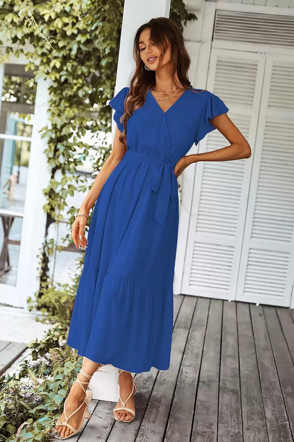imagePRETTYGARDEN Womens 2024 Floral Boho Dress Wrap V Neck Short Sleeve Belted Ruffle Hem ALine Flowy Maxi DressesSolid Dark Blue