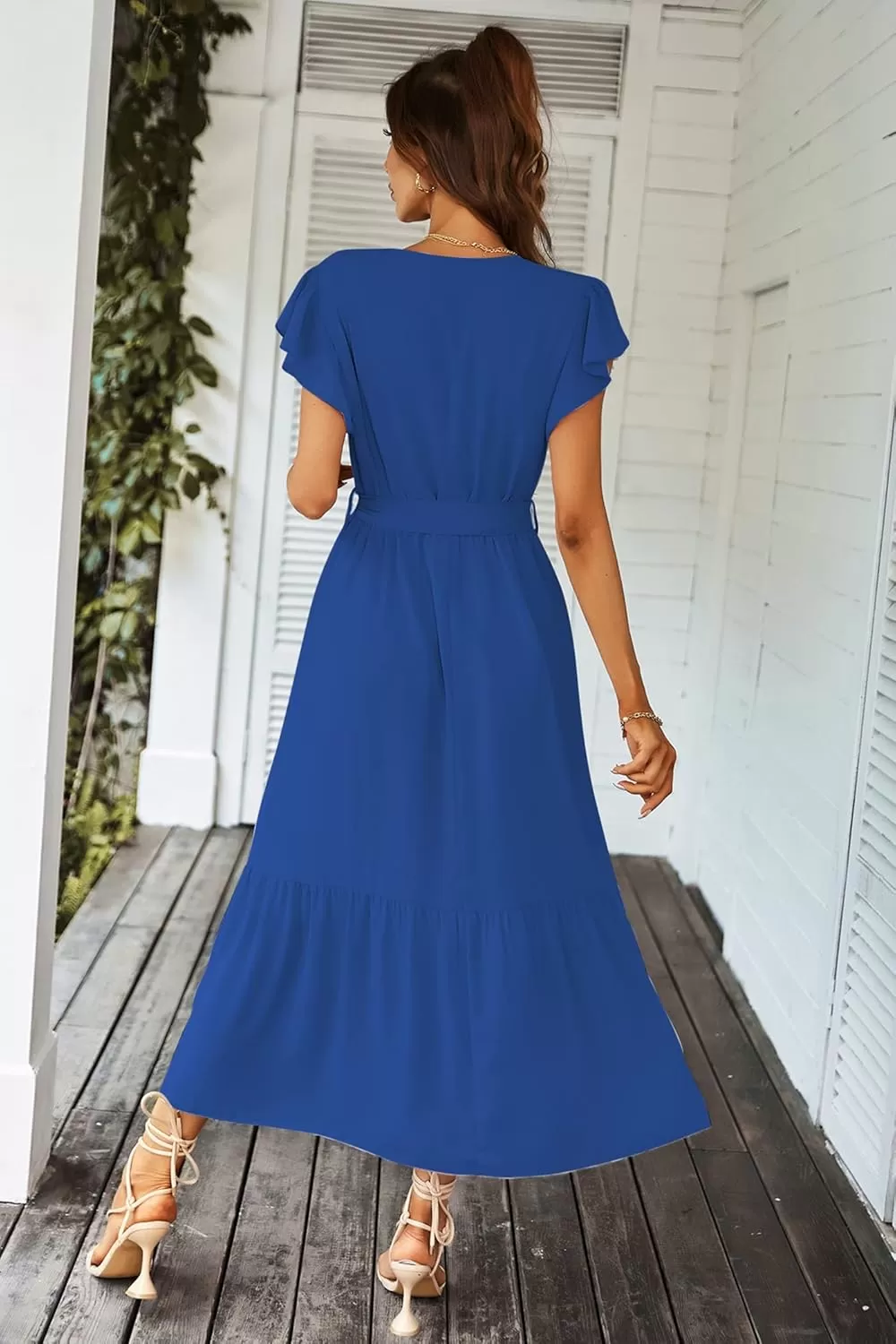 imagePRETTYGARDEN Womens 2024 Floral Boho Dress Wrap V Neck Short Sleeve Belted Ruffle Hem ALine Flowy Maxi DressesSolid Dark Blue