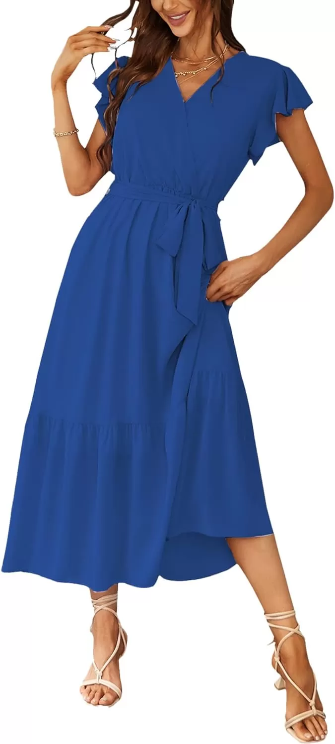 imagePRETTYGARDEN Womens 2024 Floral Boho Dress Wrap V Neck Short Sleeve Belted Ruffle Hem ALine Flowy Maxi DressesSolid Dark Blue