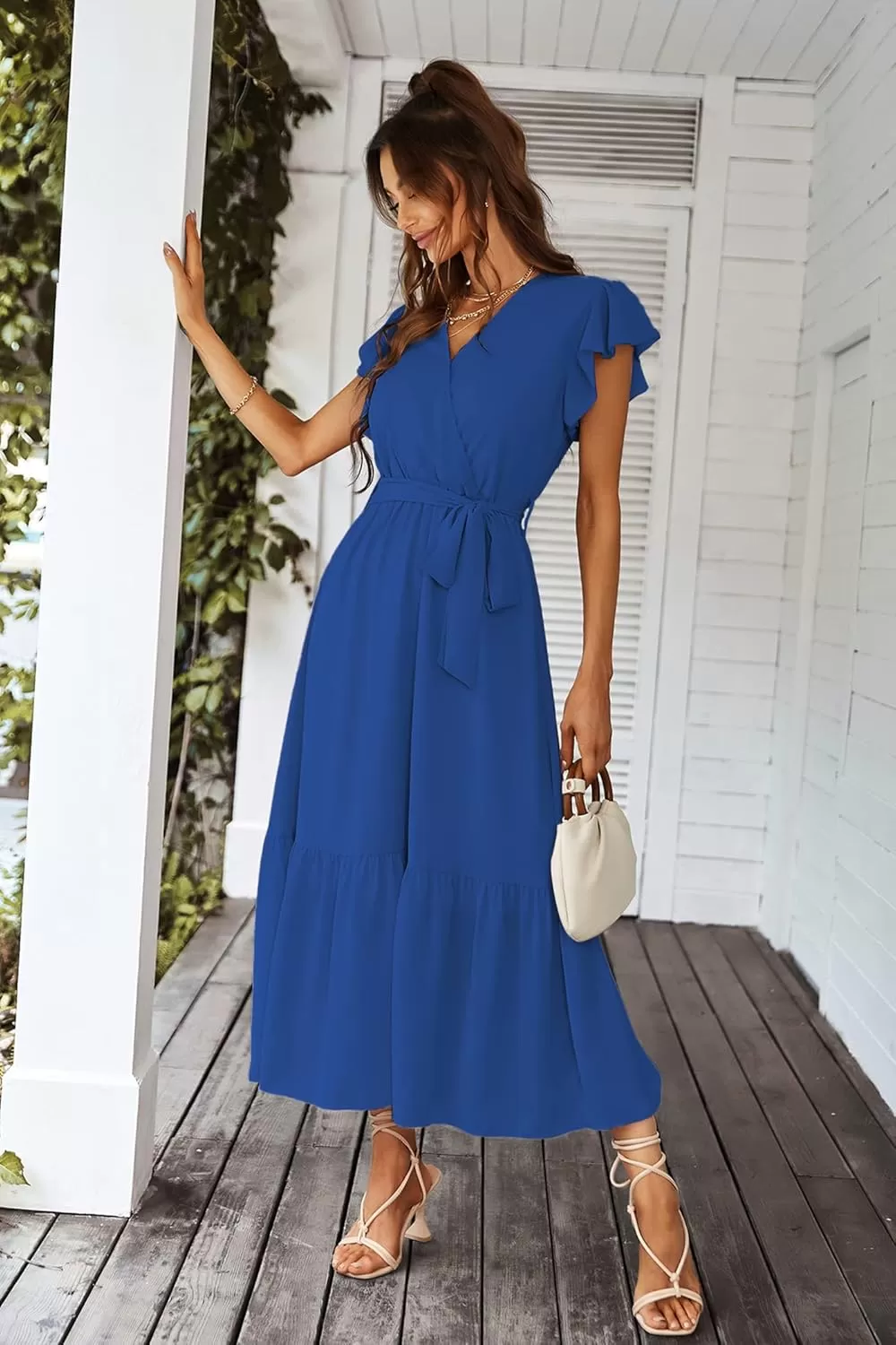 imagePRETTYGARDEN Womens 2024 Floral Boho Dress Wrap V Neck Short Sleeve Belted Ruffle Hem ALine Flowy Maxi DressesSolid Dark Blue
