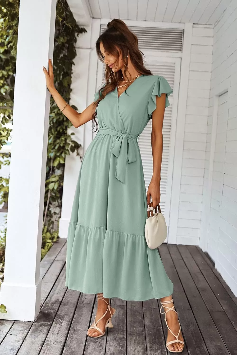 imagePRETTYGARDEN Womens 2024 Floral Boho Dress Wrap V Neck Short Sleeve Belted Ruffle Hem ALine Flowy Maxi DressesSolid Green