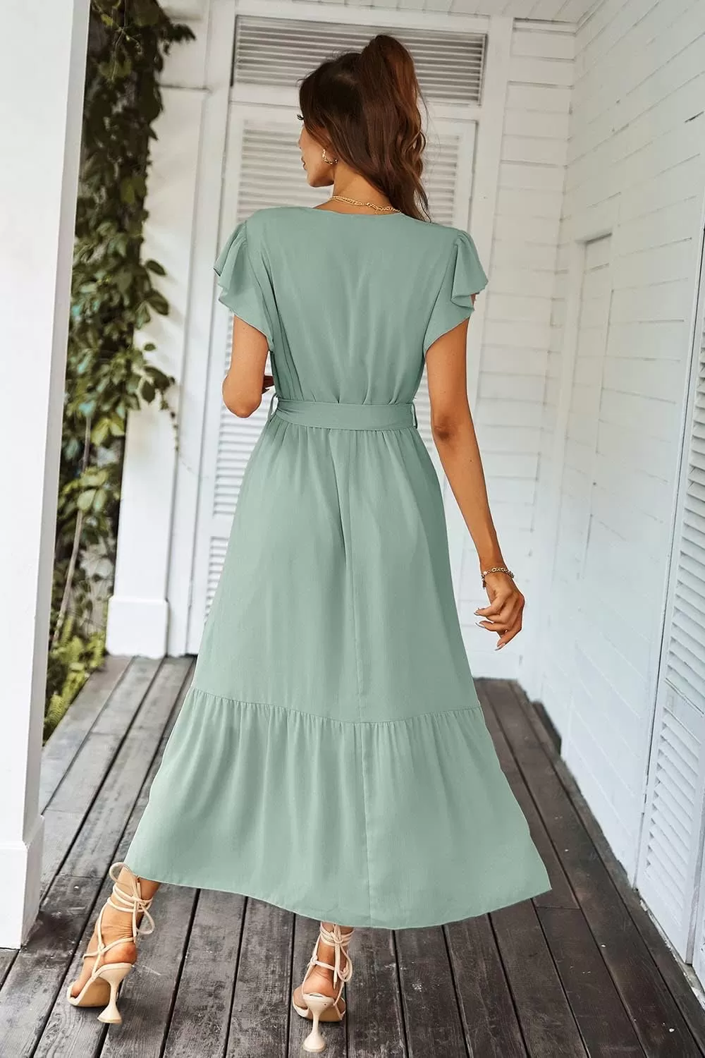 imagePRETTYGARDEN Womens 2024 Floral Boho Dress Wrap V Neck Short Sleeve Belted Ruffle Hem ALine Flowy Maxi DressesSolid Green