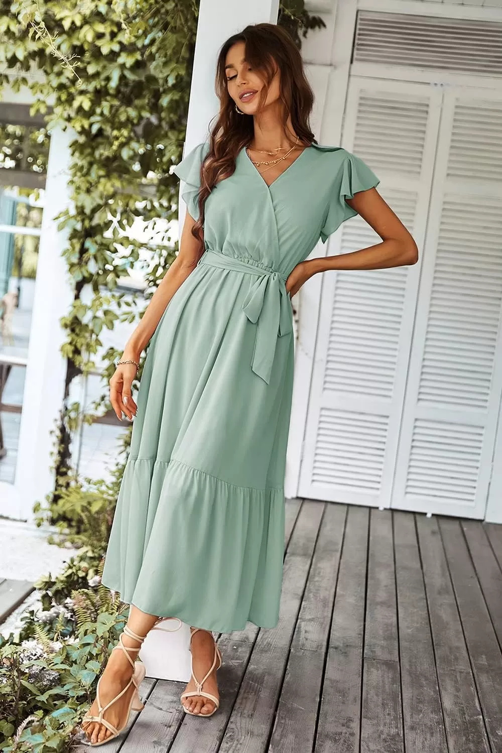 imagePRETTYGARDEN Womens 2024 Floral Boho Dress Wrap V Neck Short Sleeve Belted Ruffle Hem ALine Flowy Maxi DressesSolid Green