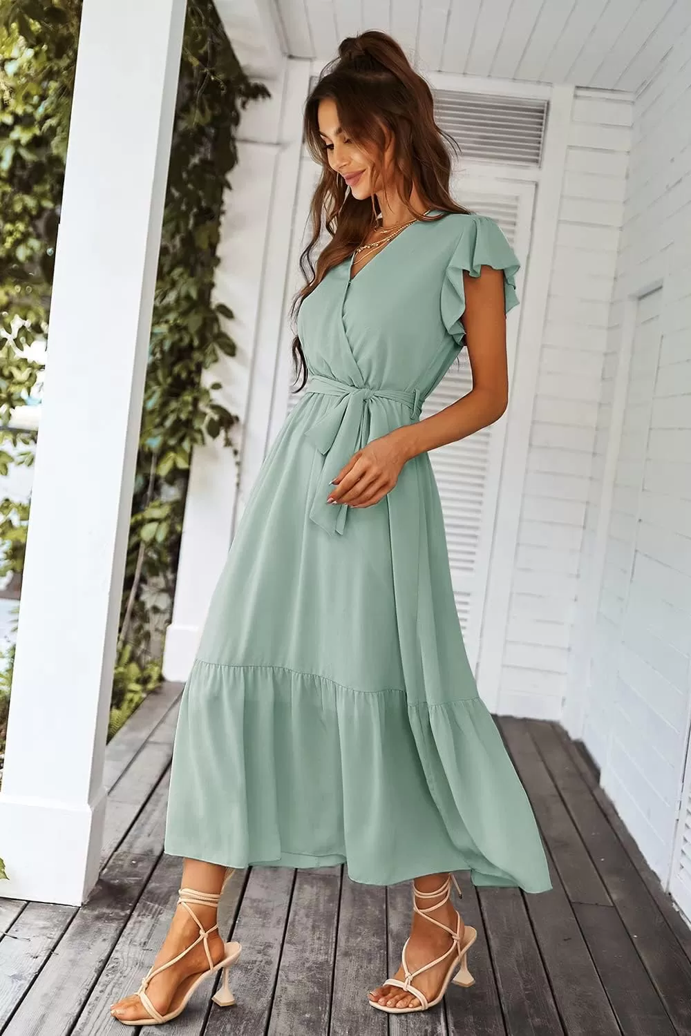 imagePRETTYGARDEN Womens 2024 Floral Boho Dress Wrap V Neck Short Sleeve Belted Ruffle Hem ALine Flowy Maxi DressesSolid Green