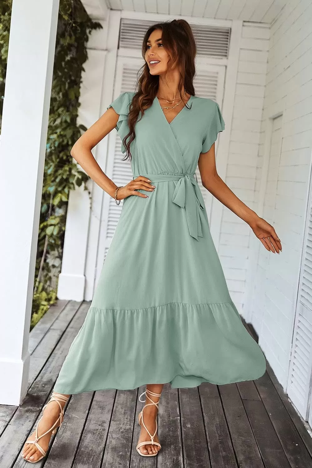 imagePRETTYGARDEN Womens 2024 Floral Boho Dress Wrap V Neck Short Sleeve Belted Ruffle Hem ALine Flowy Maxi DressesSolid Green