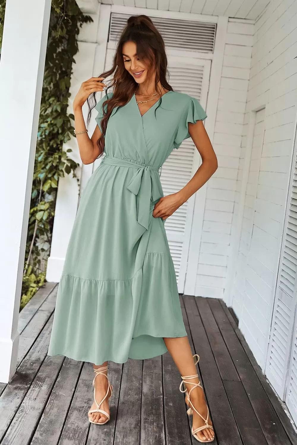 imagePRETTYGARDEN Womens 2024 Floral Boho Dress Wrap V Neck Short Sleeve Belted Ruffle Hem ALine Flowy Maxi DressesSolid Green