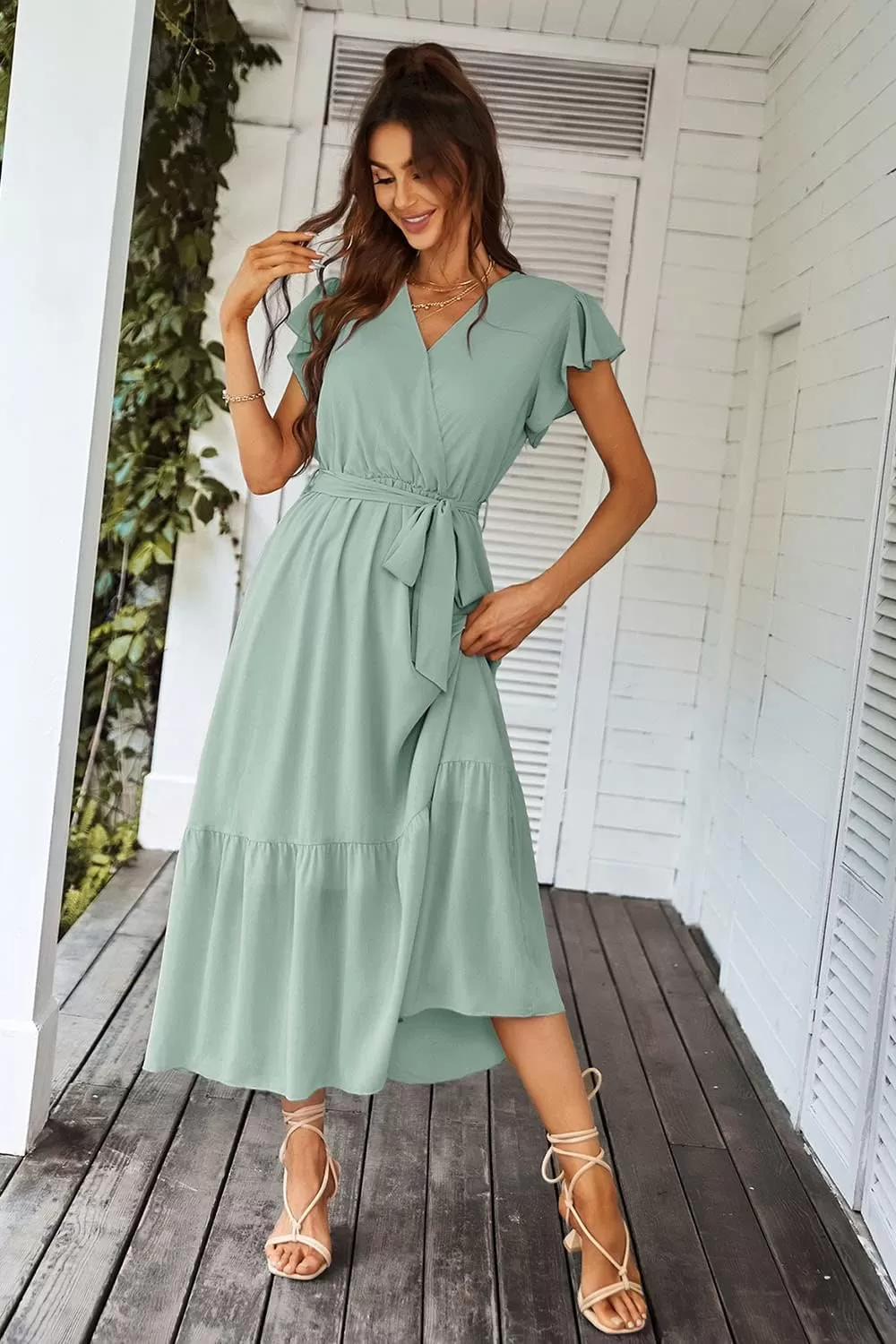 imagePRETTYGARDEN Womens 2024 Floral Boho Dress Wrap V Neck Short Sleeve Belted Ruffle Hem ALine Flowy Maxi DressesSolid Green