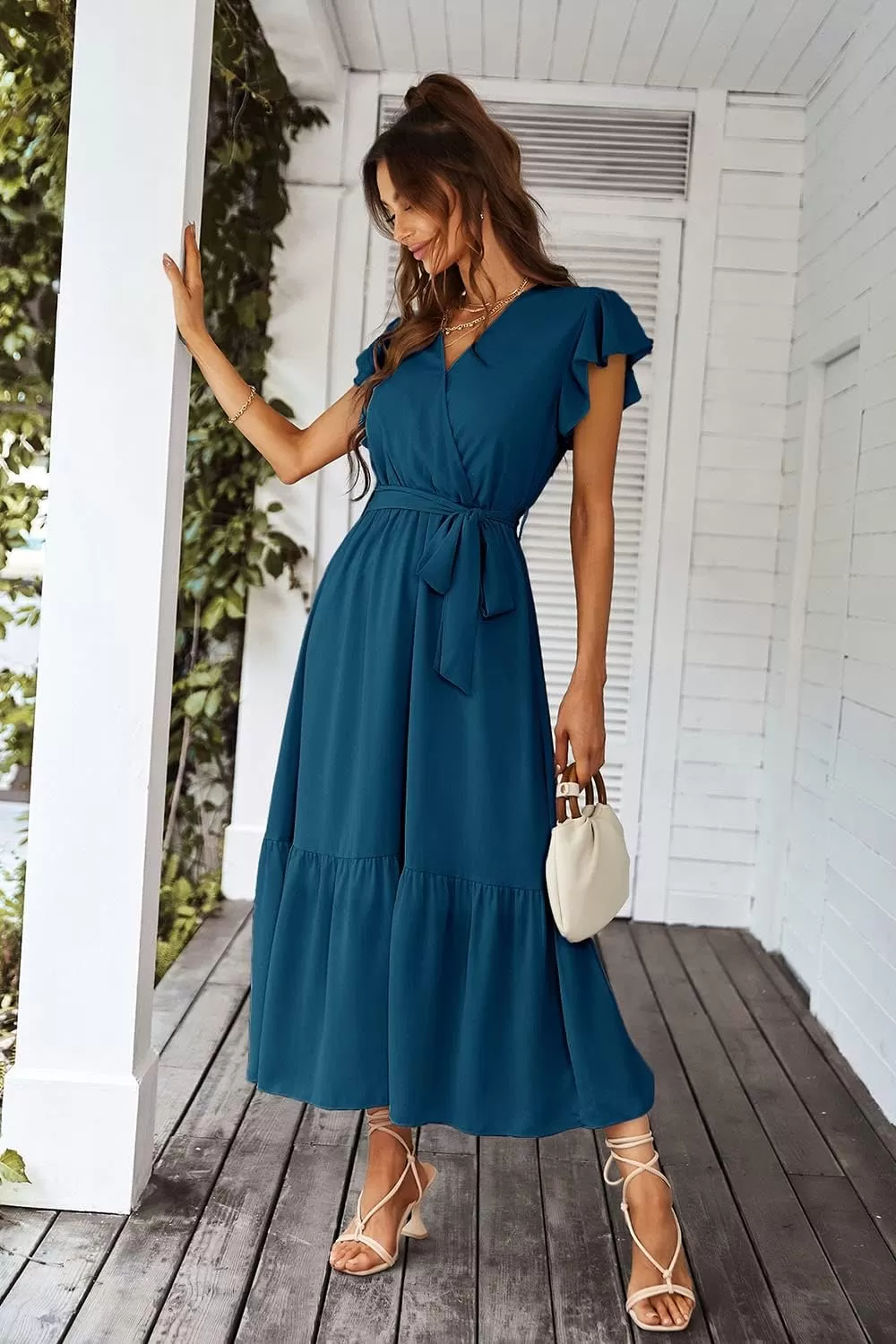 imagePRETTYGARDEN Womens 2024 Floral Boho Dress Wrap V Neck Short Sleeve Belted Ruffle Hem ALine Flowy Maxi DressesSolid Lake Blue