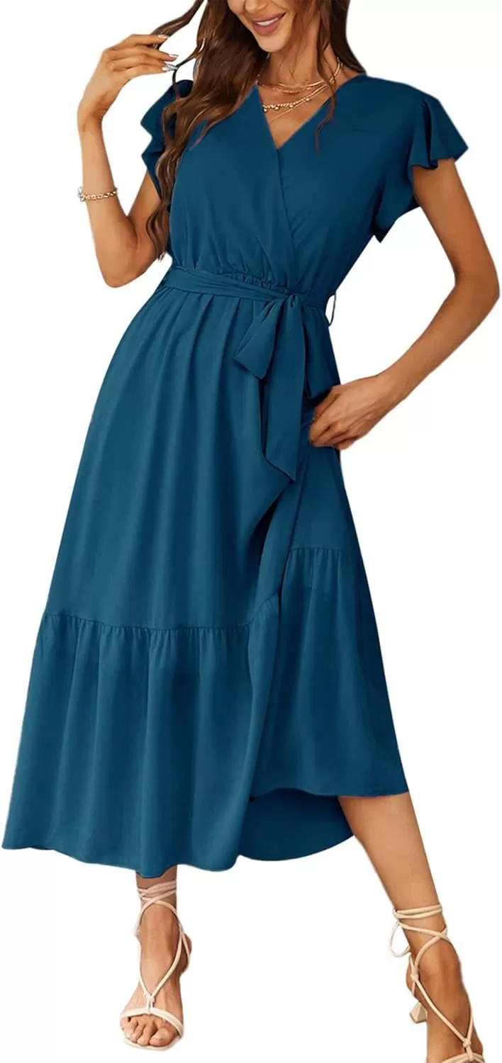 imagePRETTYGARDEN Womens 2024 Floral Boho Dress Wrap V Neck Short Sleeve Belted Ruffle Hem ALine Flowy Maxi DressesSolid Lake Blue